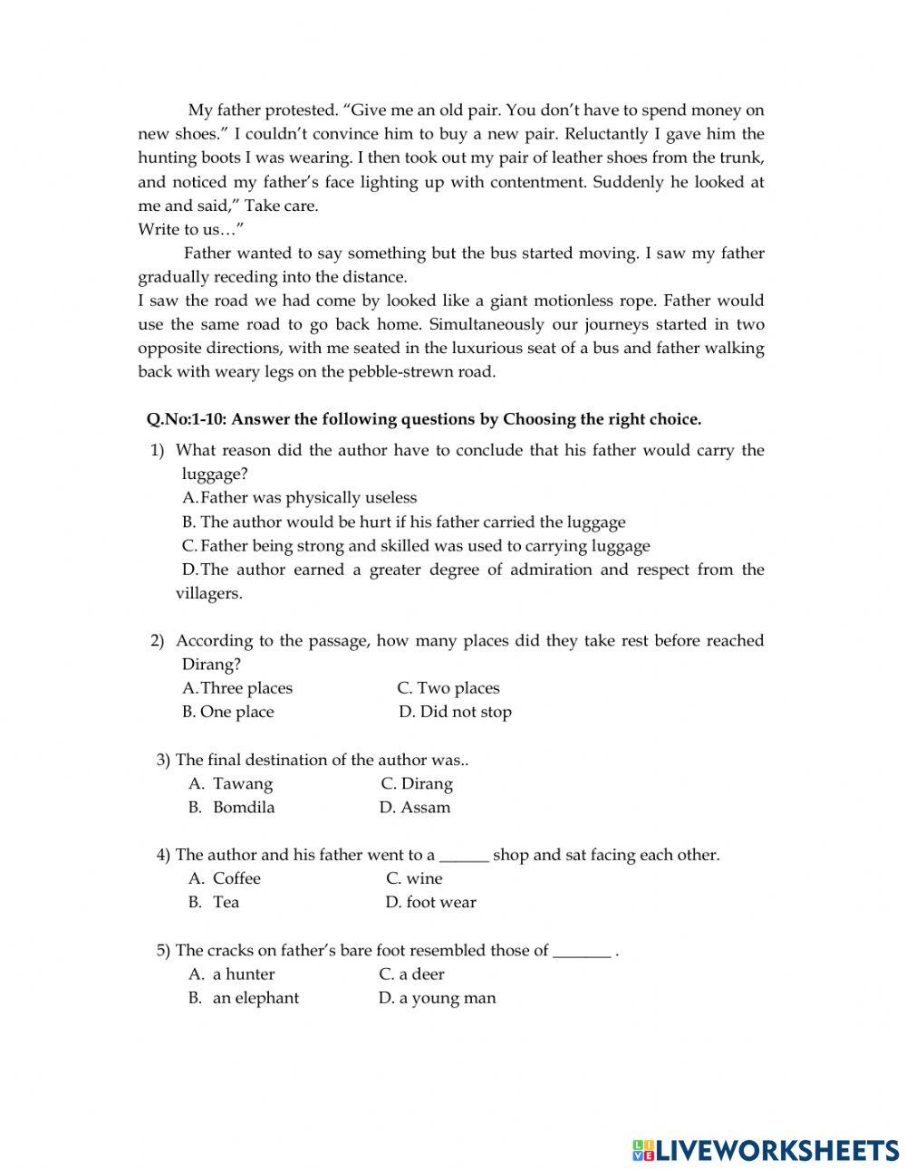 Class X: worksheet 7 in unit-3 Reading.A