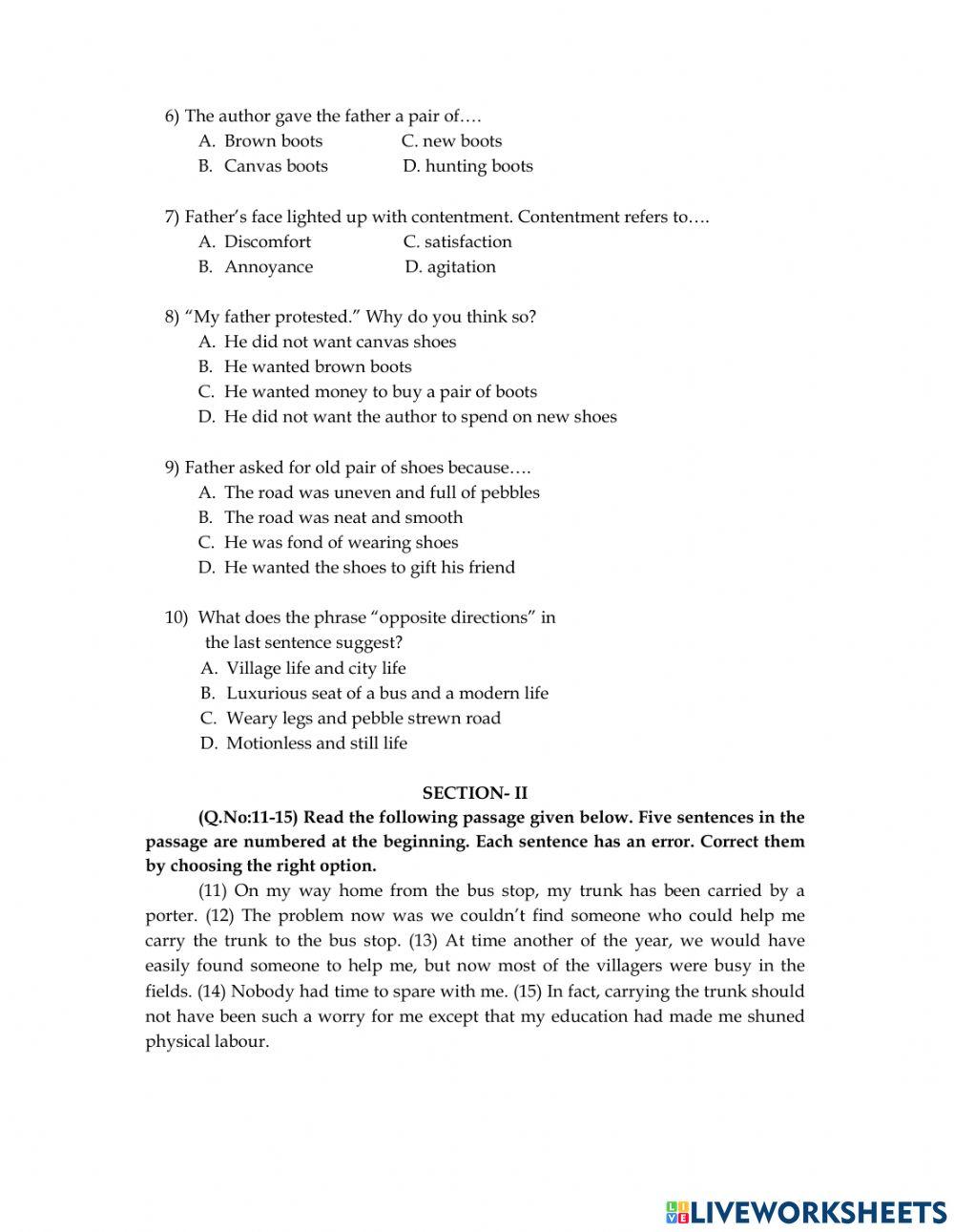 Class X: worksheet 7 in unit-3 Reading.A
