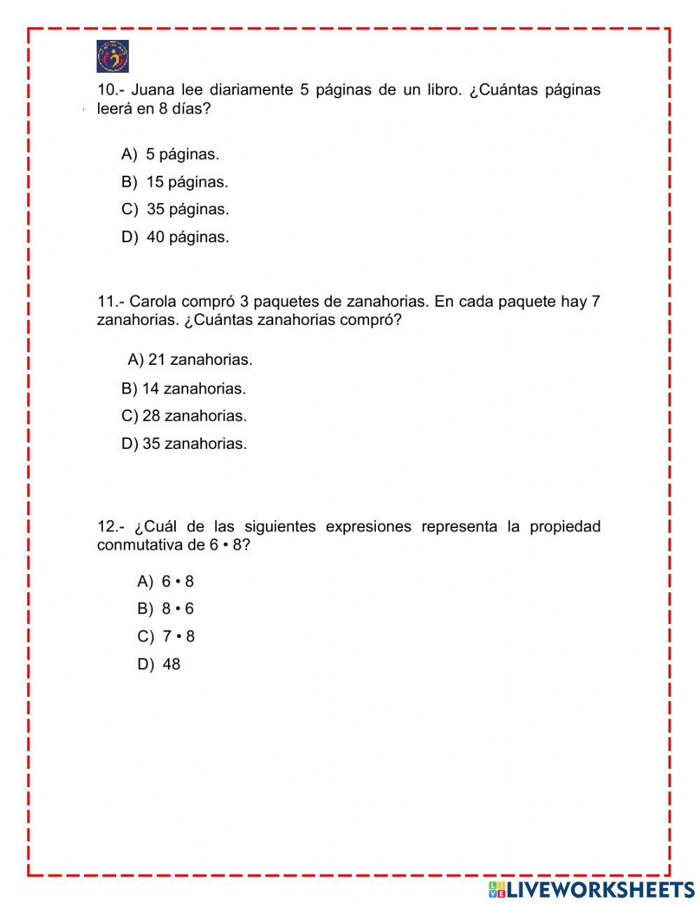 Evaluación Diagnóstica II Julio- Agosto, Matemática 3° Básico