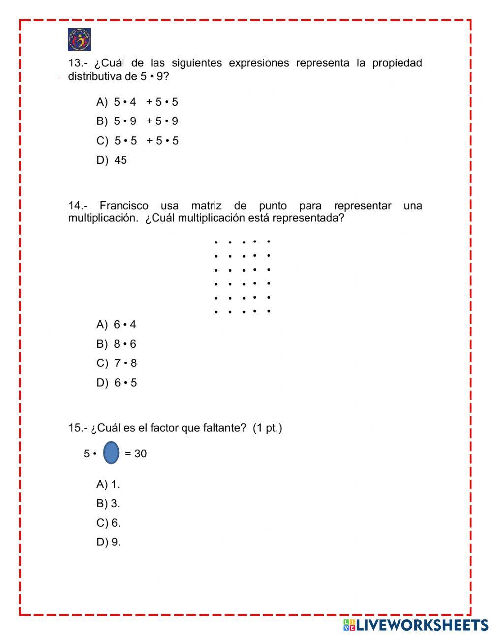 Evaluación Diagnóstica II Julio- Agosto, Matemática 3° Básico