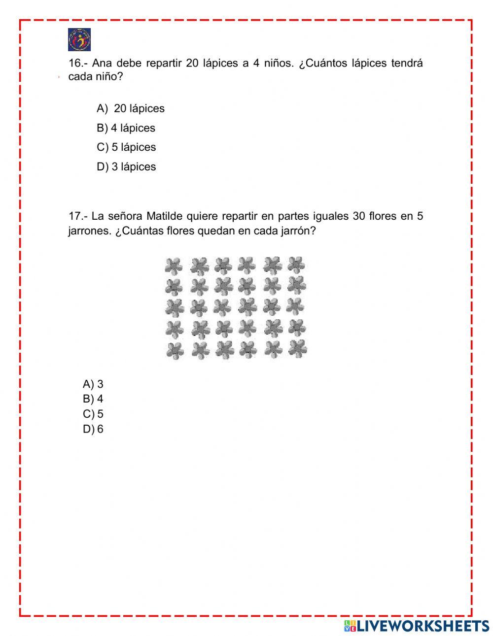 Evaluación Diagnóstica II Julio- Agosto, Matemática 3° Básico