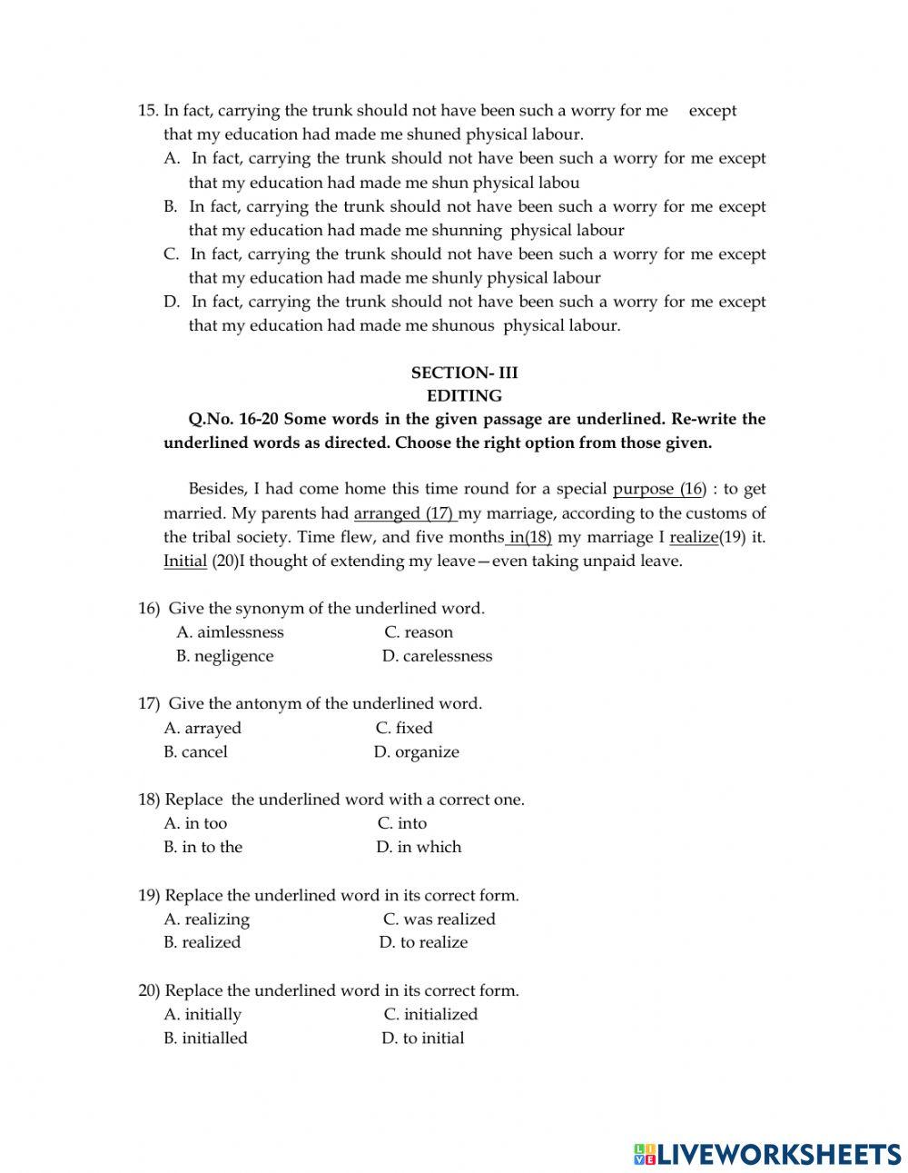 Class X: worksheet 8 in unit-3 Reading.A