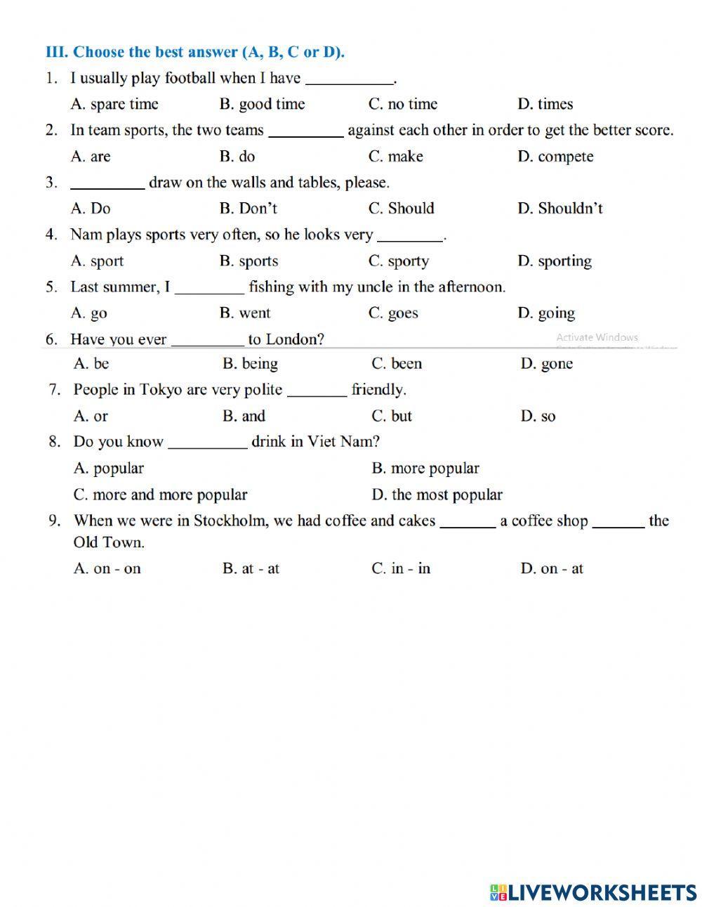 Grade 6. Unit 9 Cities in the world test yourself 3 Bui Van Vinh