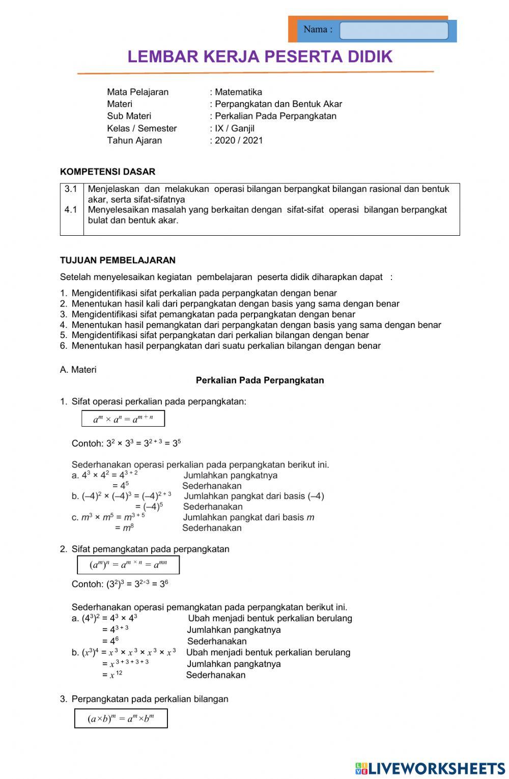 Perkalian pada perpangkatan