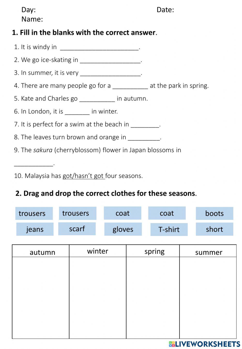 Four Seasons interactive worksheet for Year 3 Live Worksheets