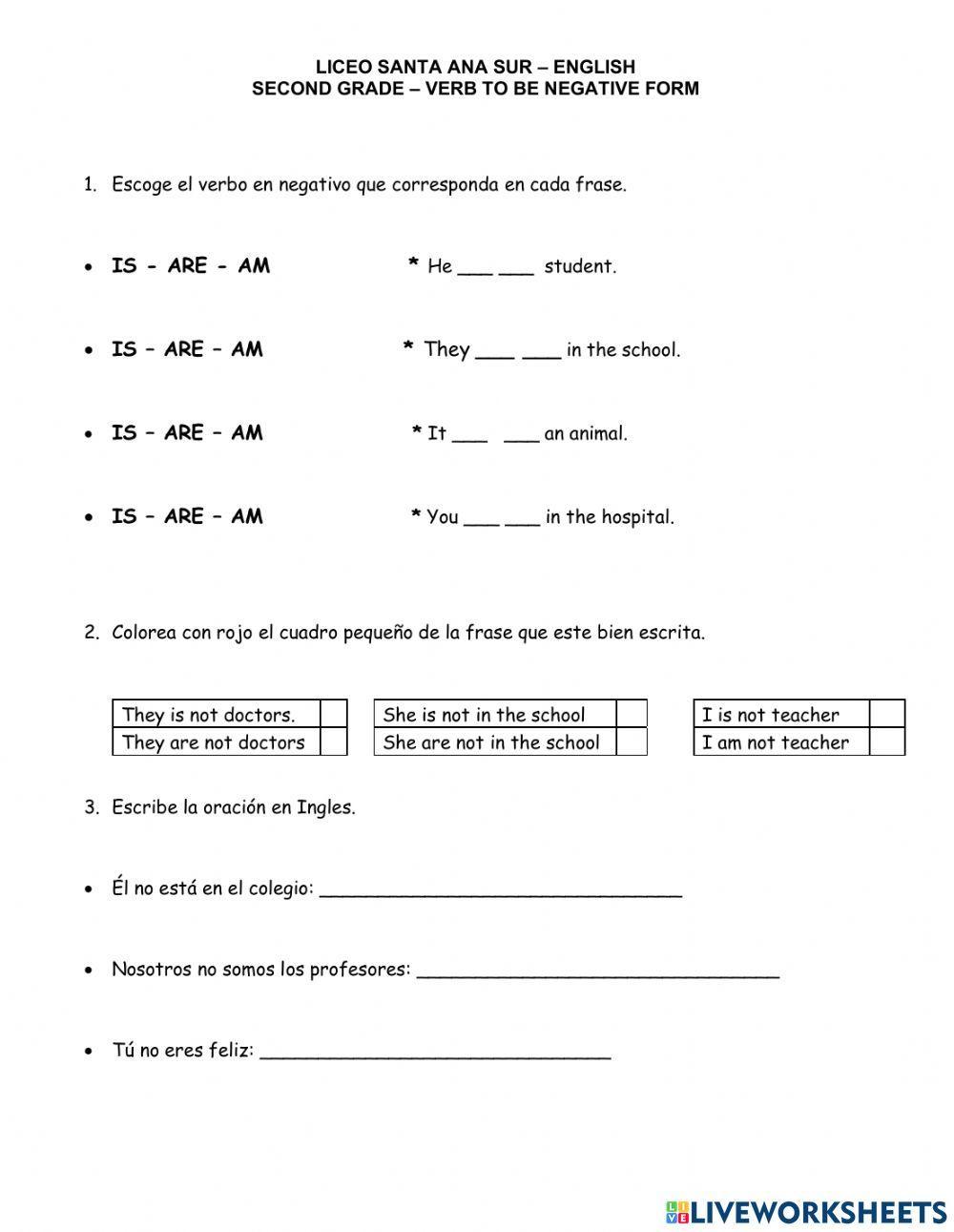 Evaluación de recuperación del verbo to be en negativo