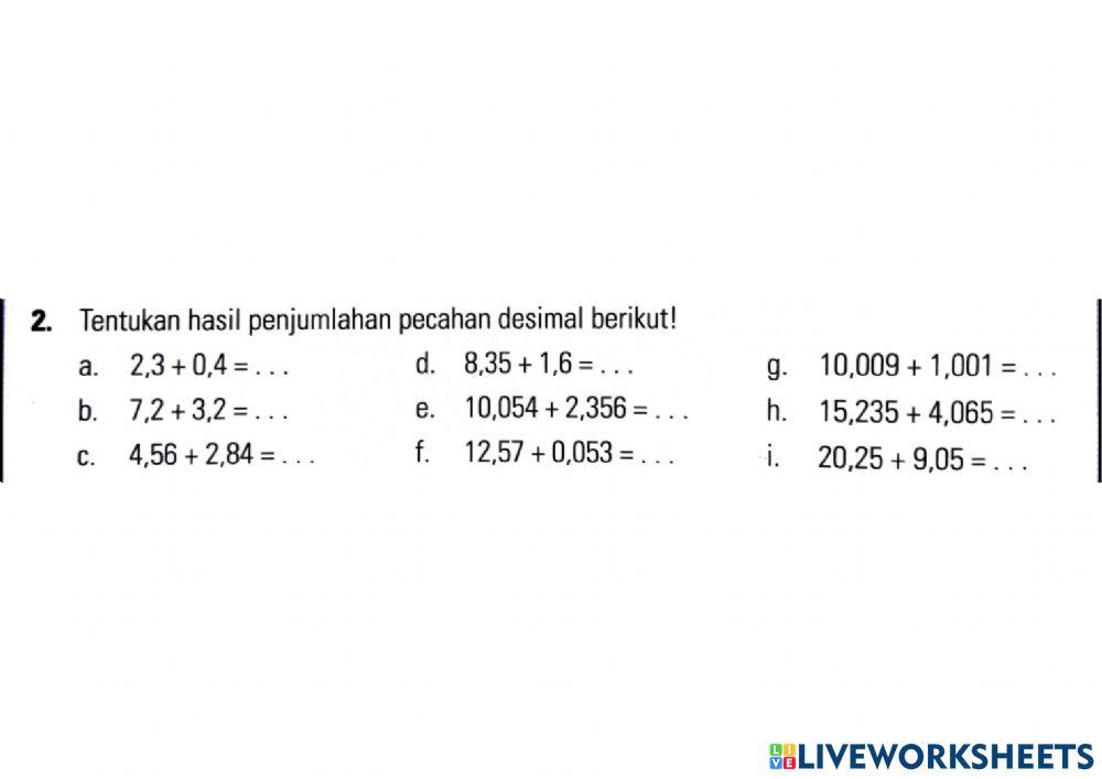 Latihan penjumlahan pecahan desimal