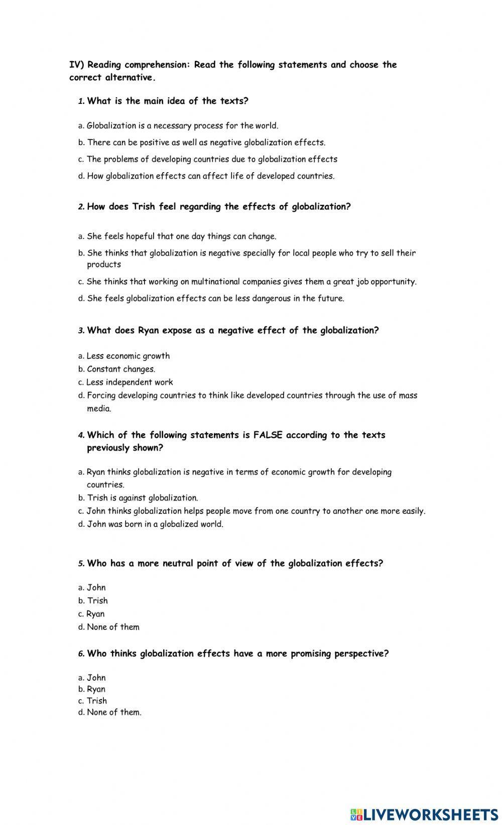 Worksheet: Globalization Effects