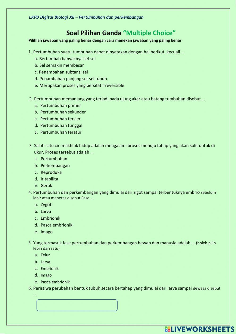 Latihan soal pertumbuhan dan perkembangan makhluk hidup