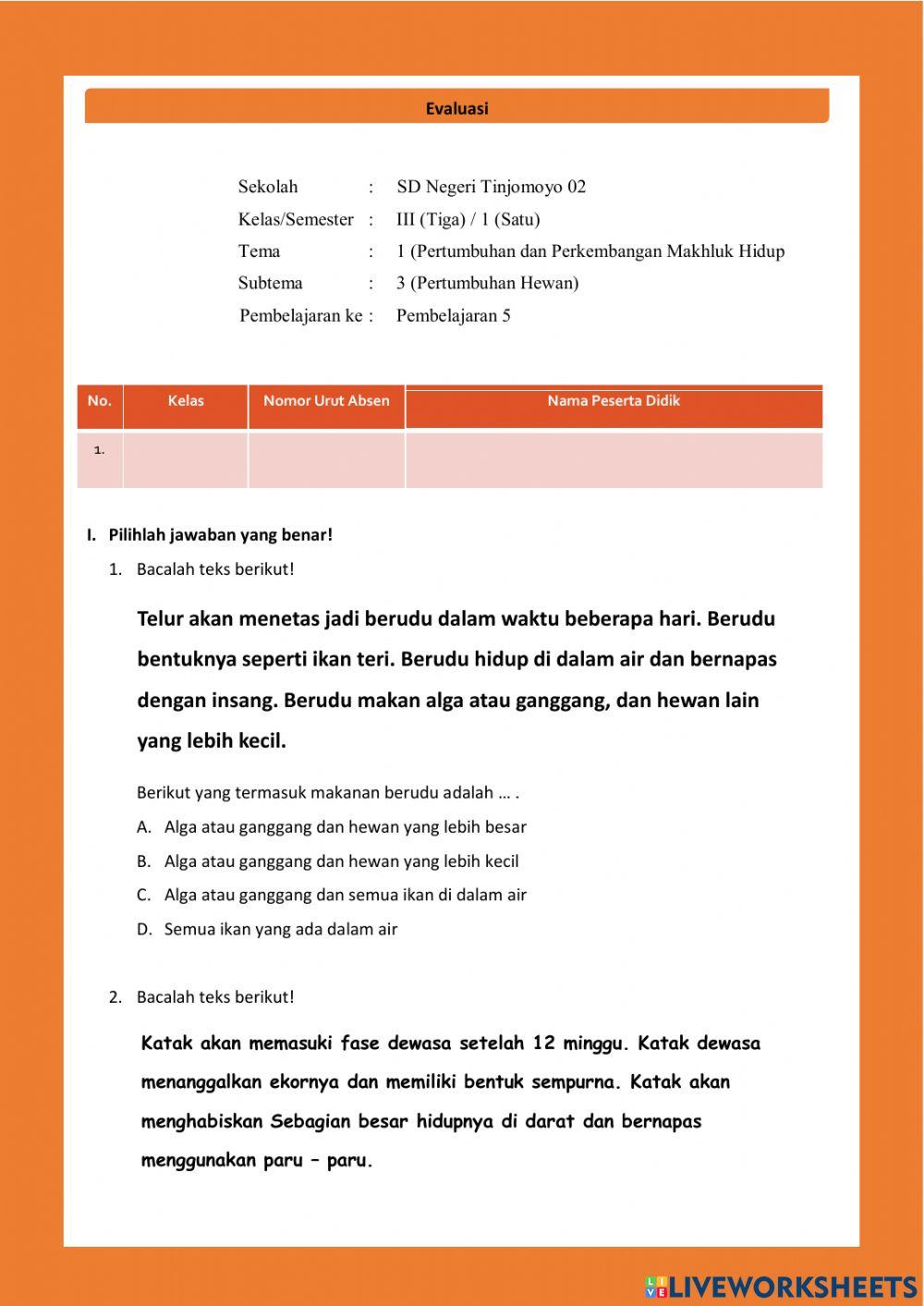 Evaluasi Tema 1 Subtema 3 Pembelajaran 5
