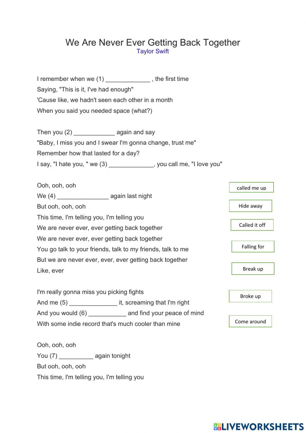 Phrasal Verb: Taylor Swift (We are never ever getting back together)