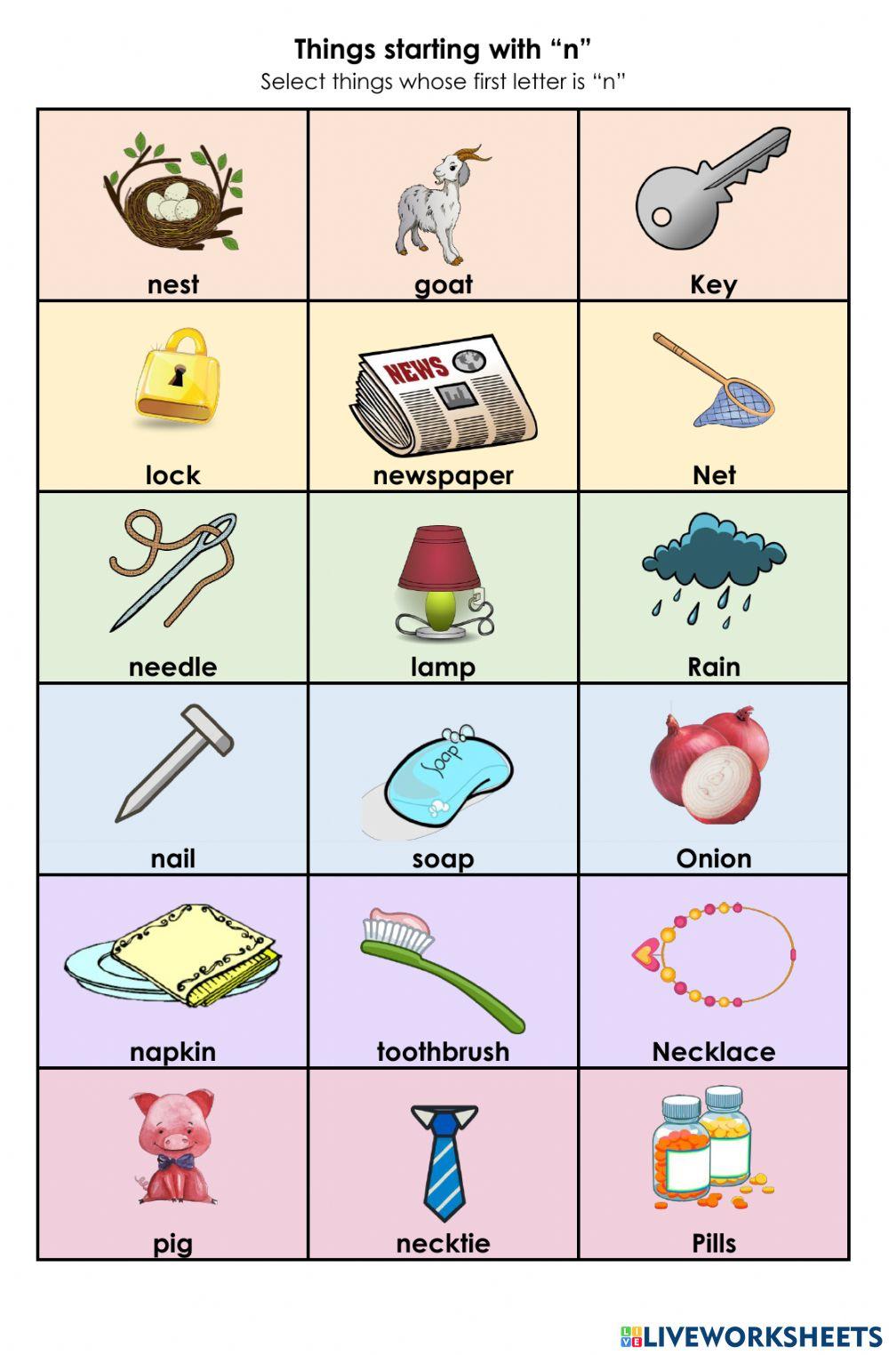 Letter n objects worksheet | Live Worksheets