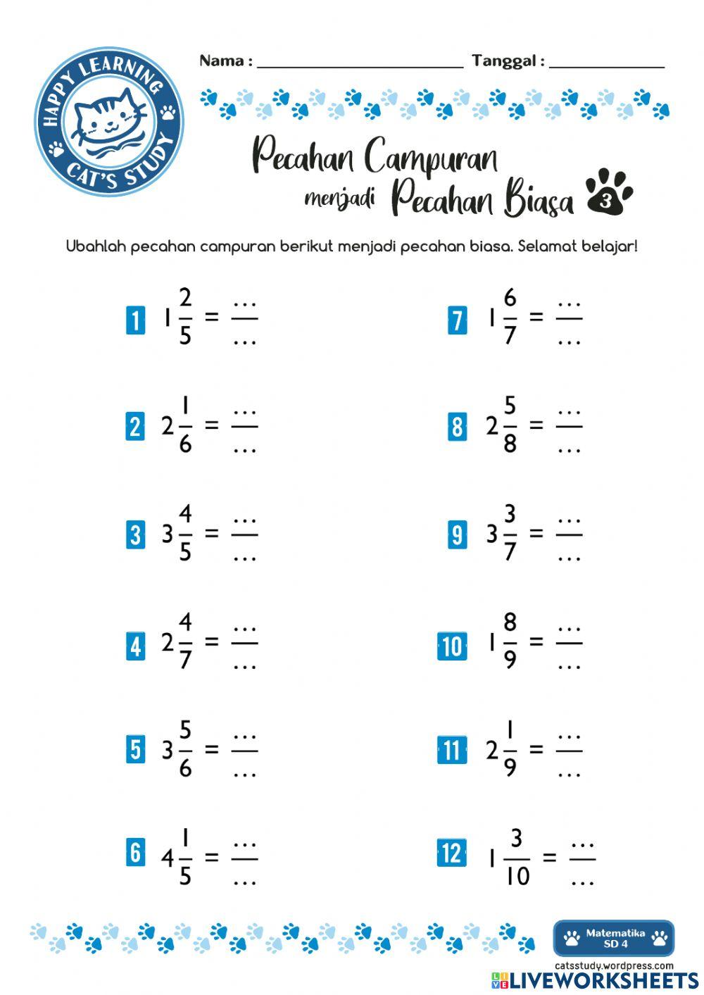 Pecahan campuran ke pecahan biasa