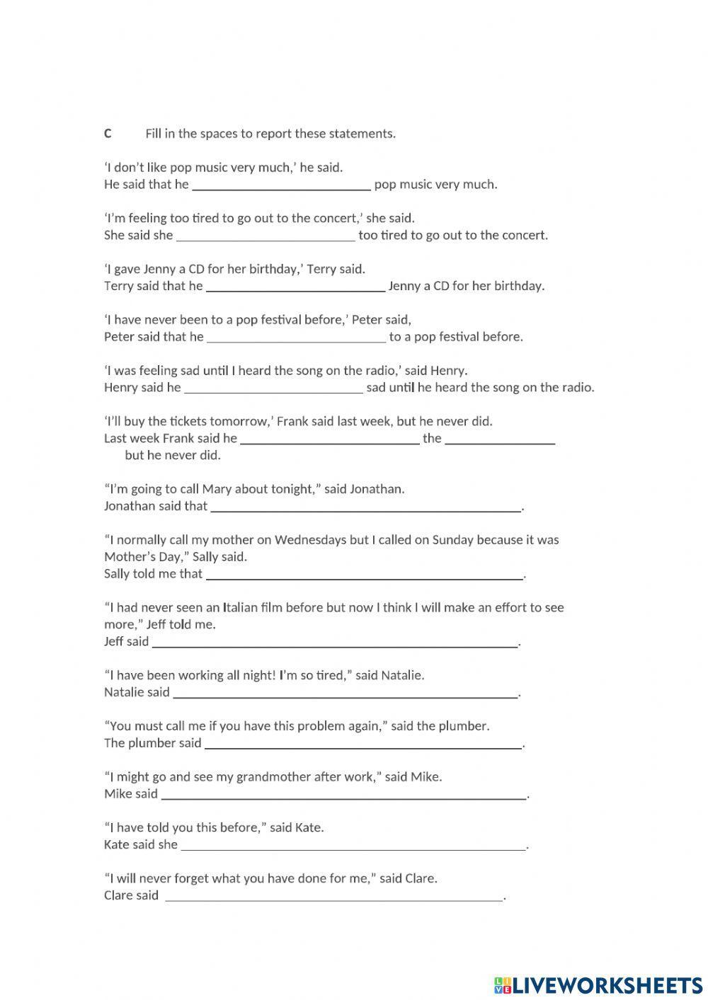 Reported Speech multiple choice inc exceptions online exercise for ...