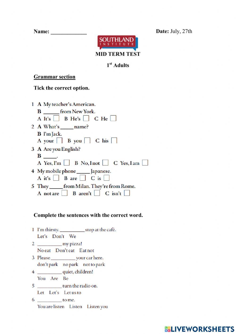 Mid Term Test - 1st Adults