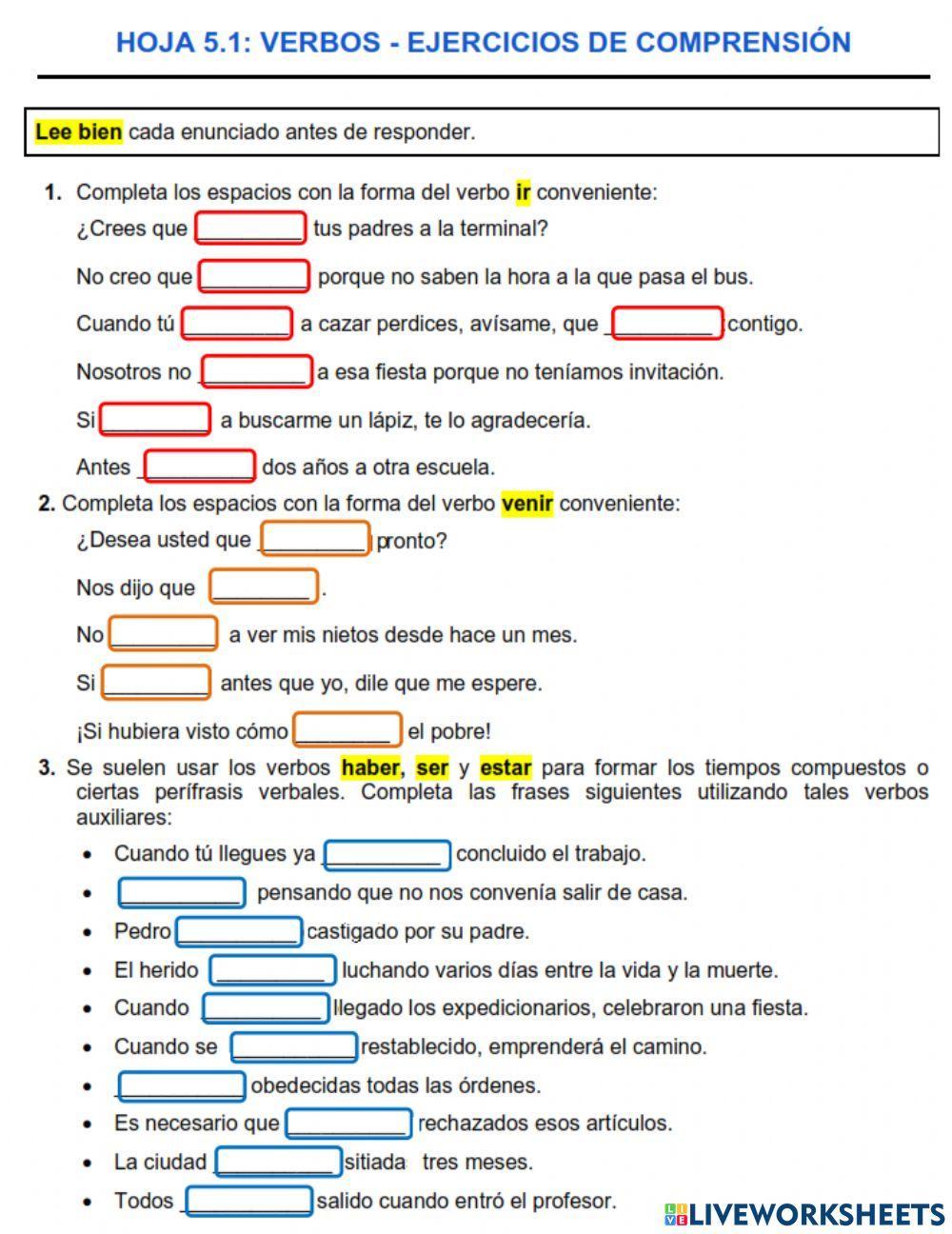 Verbo - Ejercicios de comprensión