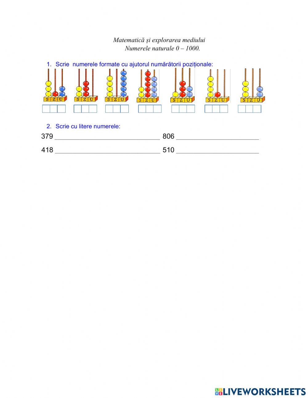 Numerele naaturale de la 0 la 1000