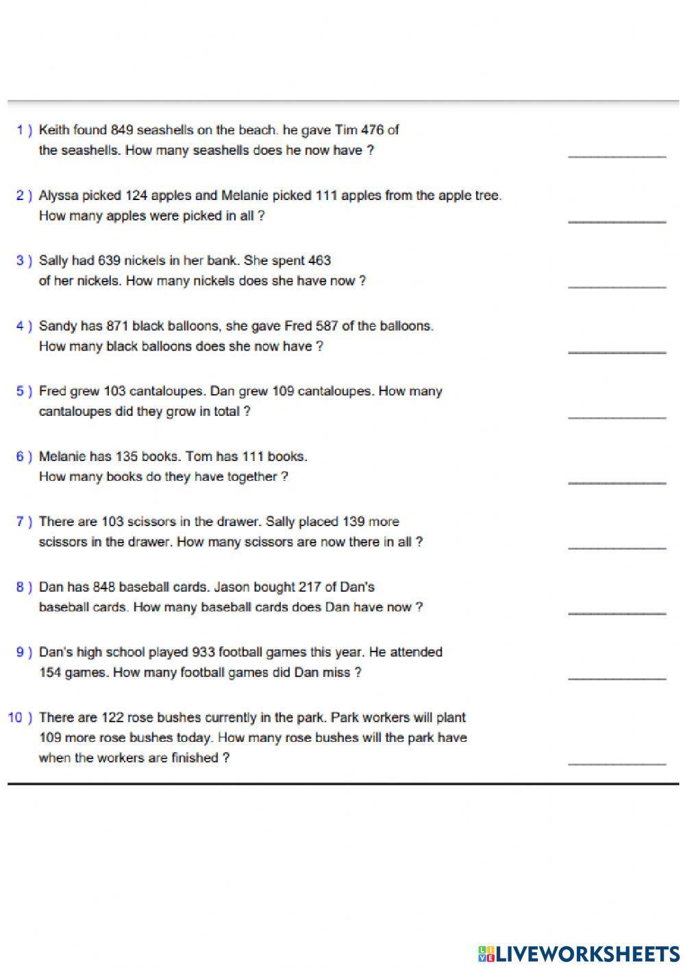 Addition and Subtraction online pdf worksheet | Live Worksheets
