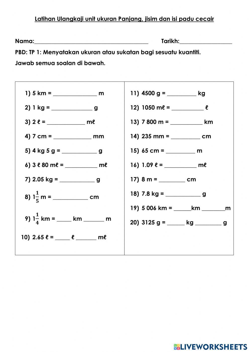 Ukuran panjang, jisim dan isi padu cecair