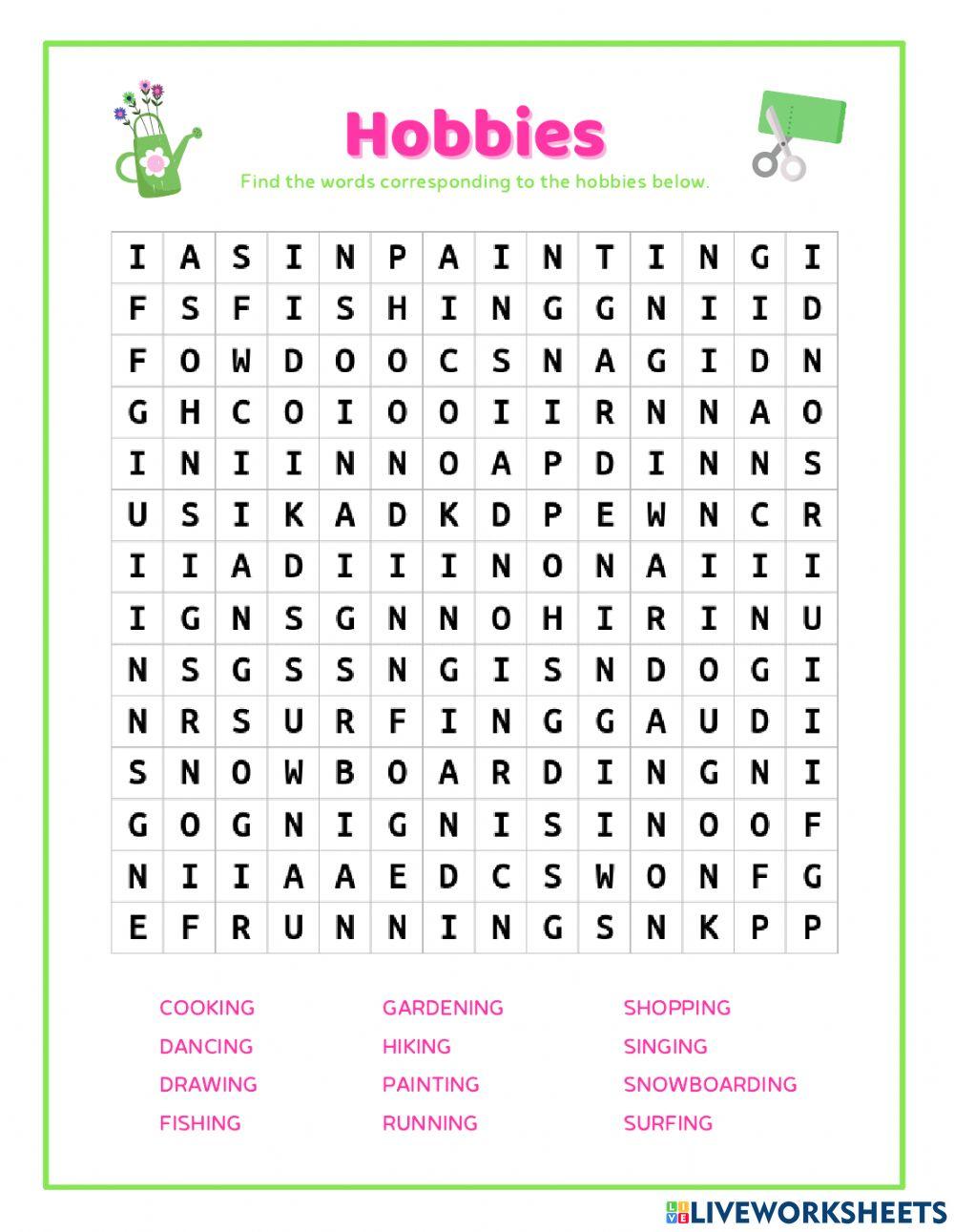 Hobbies wordsearch