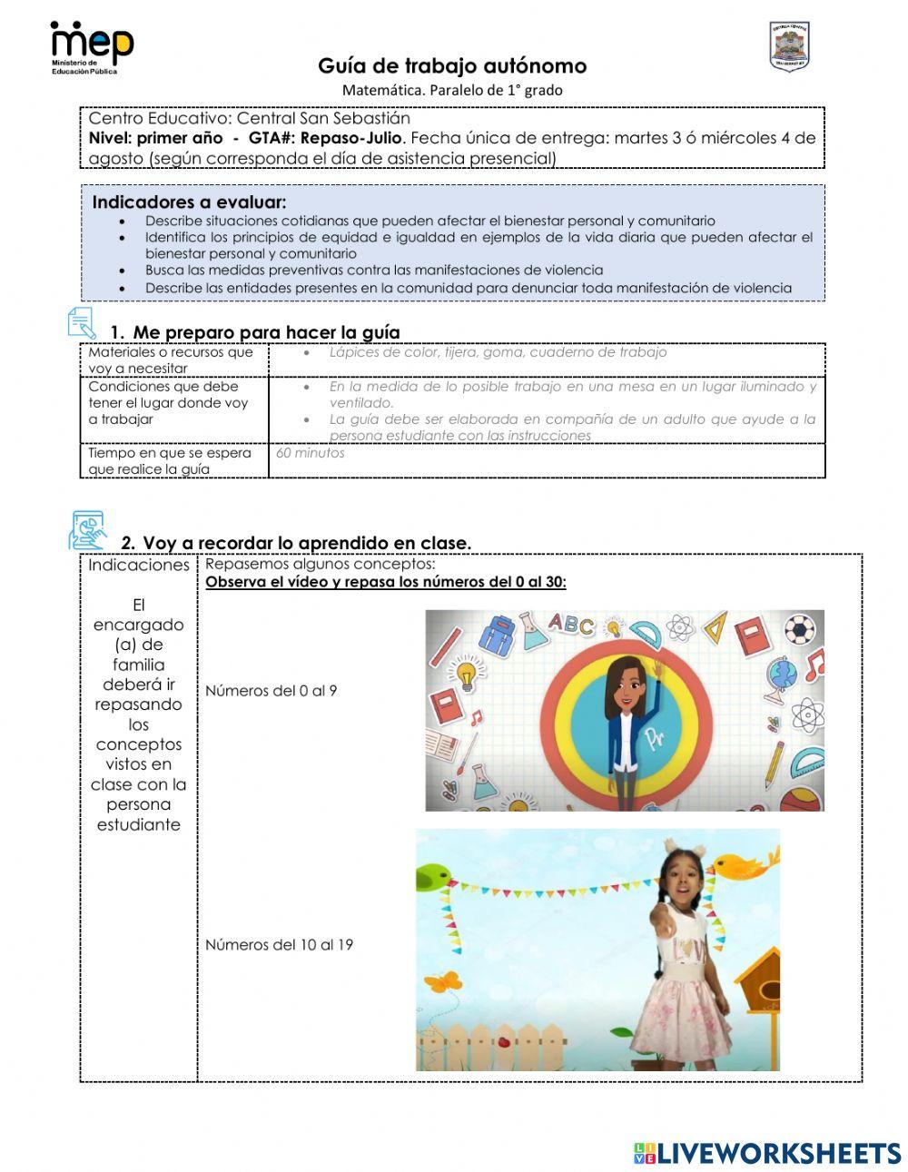 Guía de Trabajo Matemática: Números 0 al 29