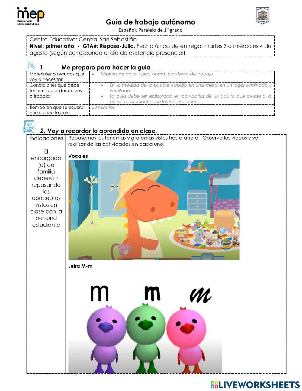 Guía de Trabajo Español: Repaso letra M-S-P