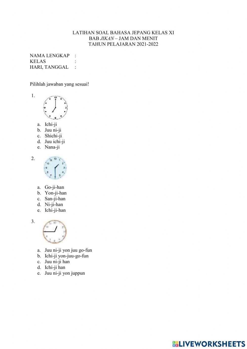 Latihan soal jam dan menit worksheet | Live Worksheets