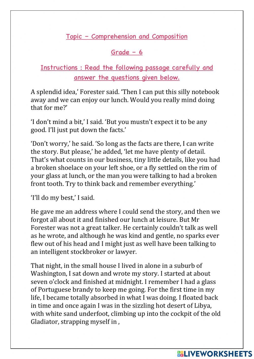 1201985 Comprehension And Composition Worksheet For 1201985 Comprehension And Composition Worksheet For