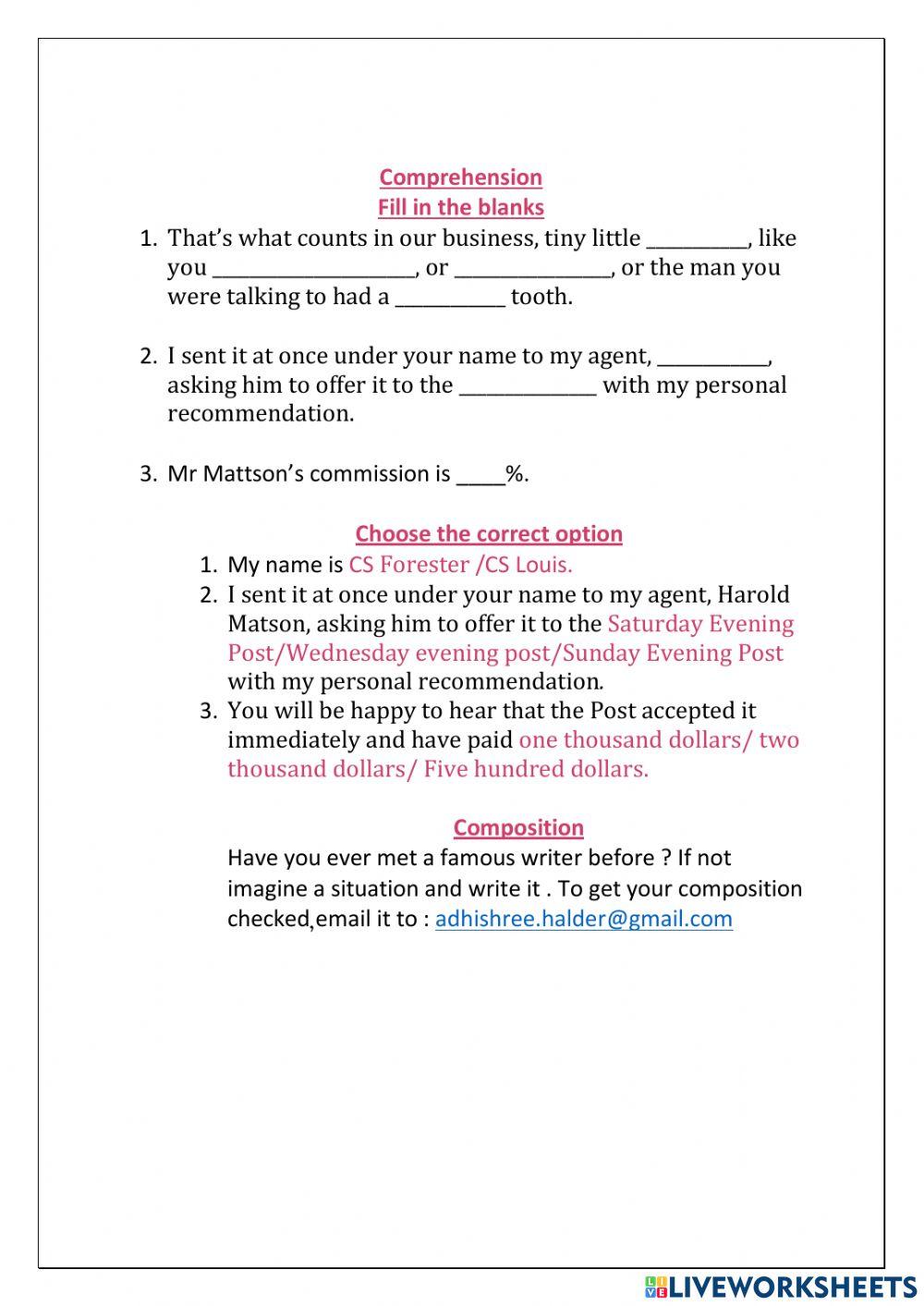 1201985 | Comprehension and composition worksheet for