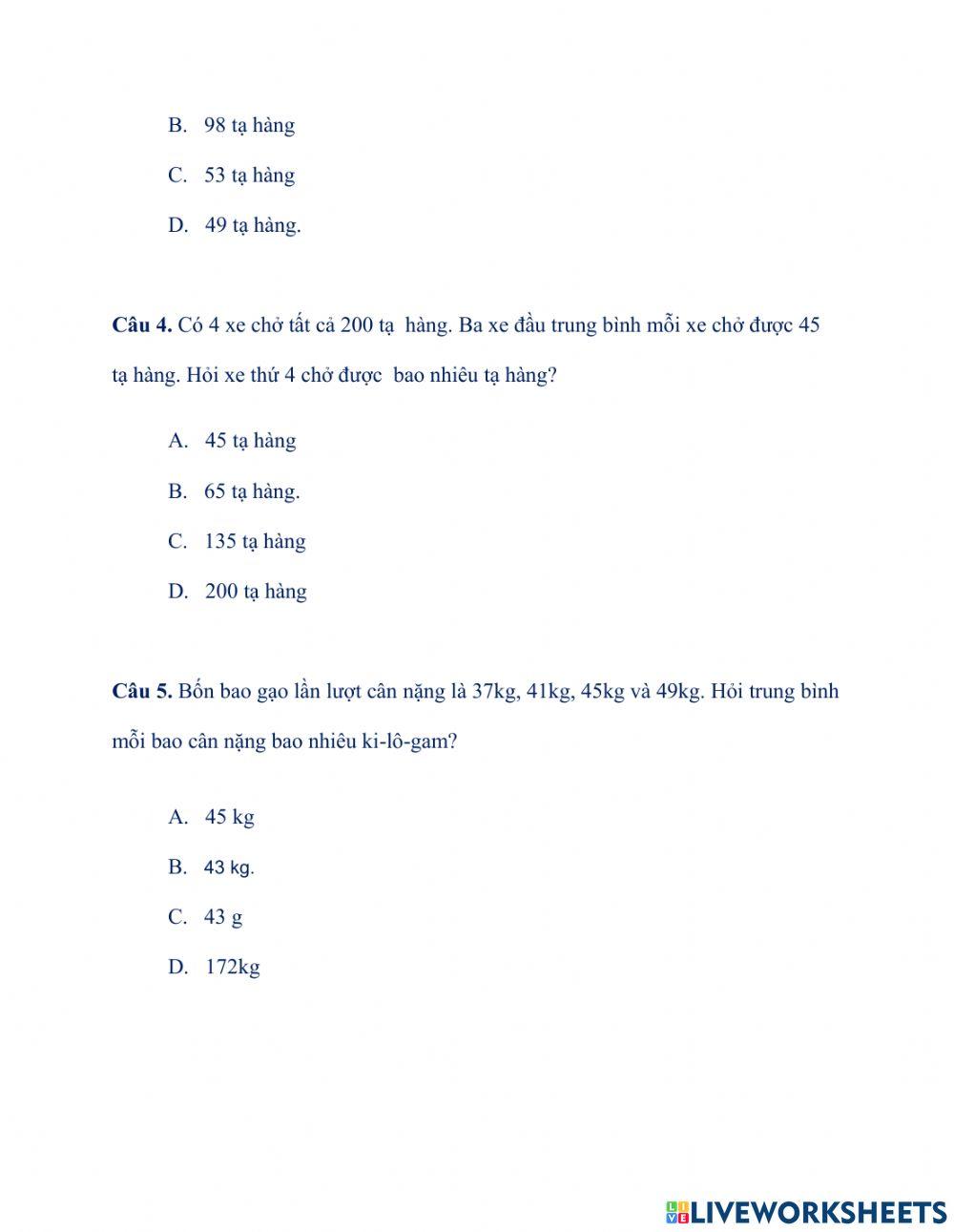 Phiếu số 2 toán 4 tuần 5