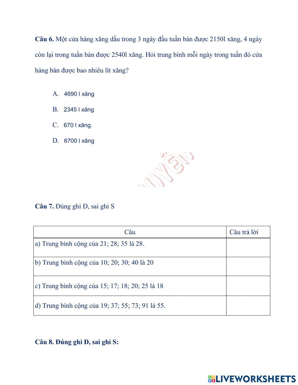 Phiếu số 2 toán 4 tuần 5