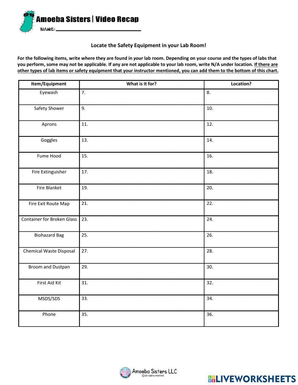Amoeba Sisters Lab Safety Notes online exercise for Live Worksheets
