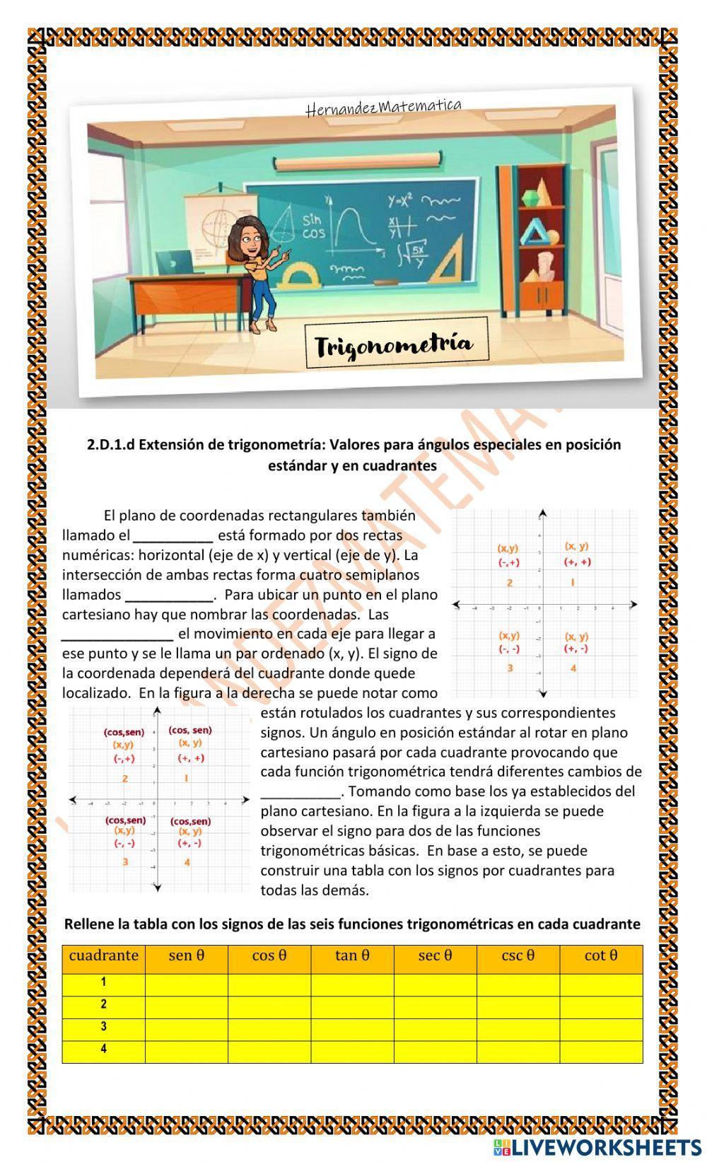 TRIG 2.D.1.d Extensión de trigonometría: Valores para ángulos especiales en posición estándar y en cuadrantes