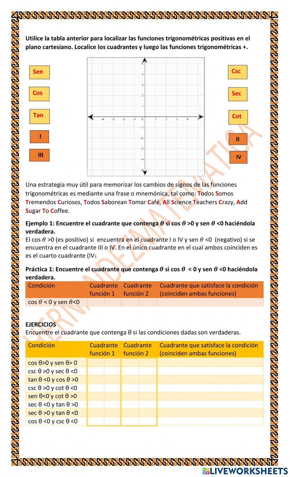 TRIG 2.D.1.d Extensión de trigonometría: Valores para ángulos especiales en posición estándar y en cuadrantes