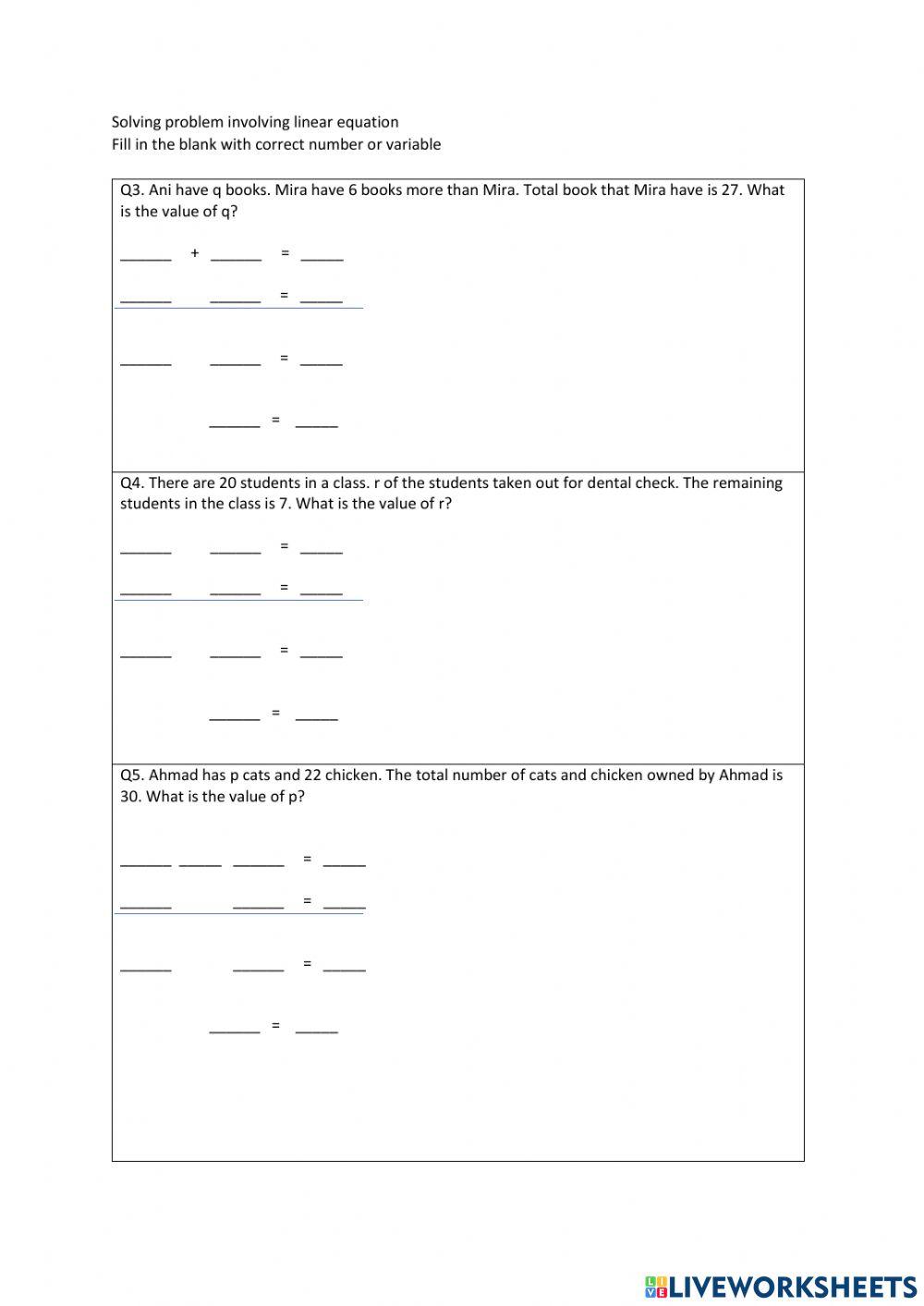 Solving problem in Linear equation worksheet | Live Worksheets