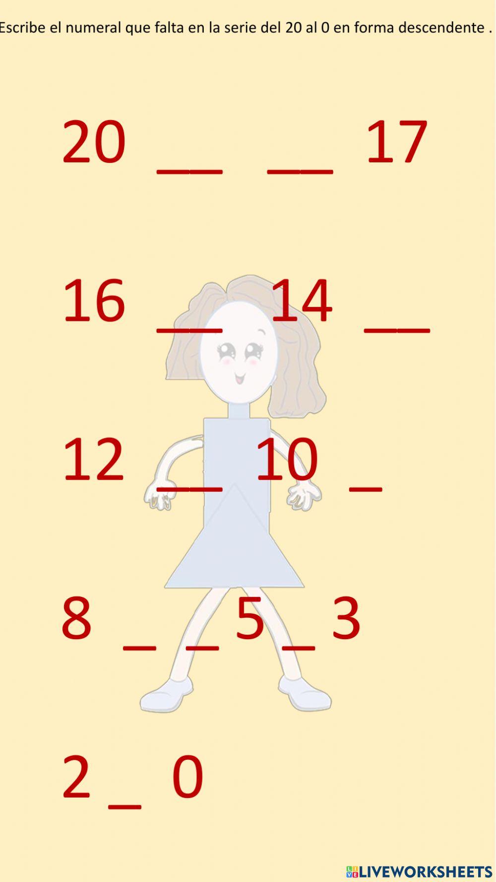 Completa la serie numérica del 20 al 0 en forma descendente.