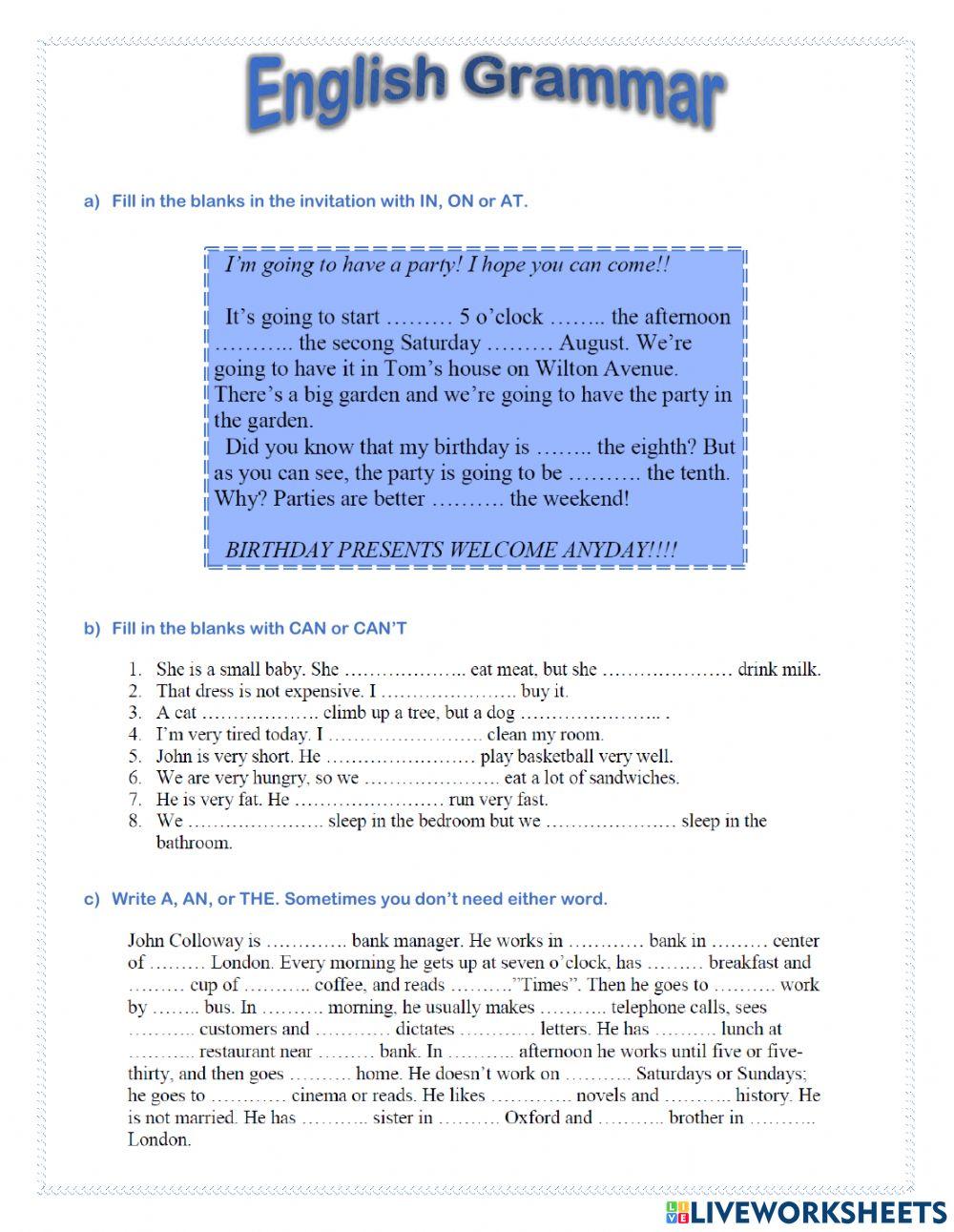 A1 ESL grammar review worksheets