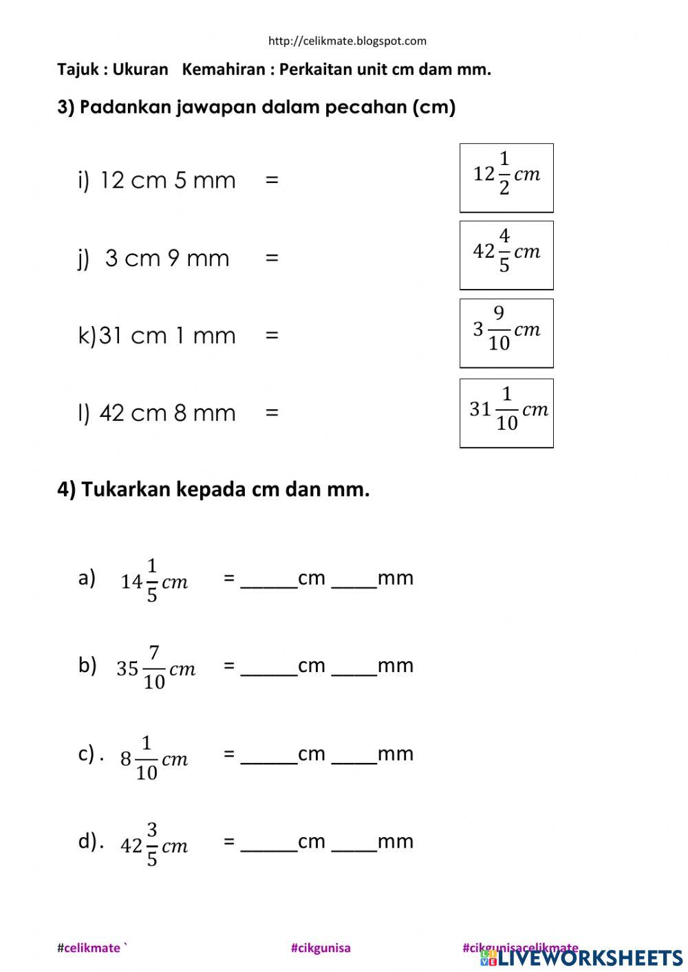 Menukar unit mm dan cm melibatkan pecahan (soalan 3-4)
