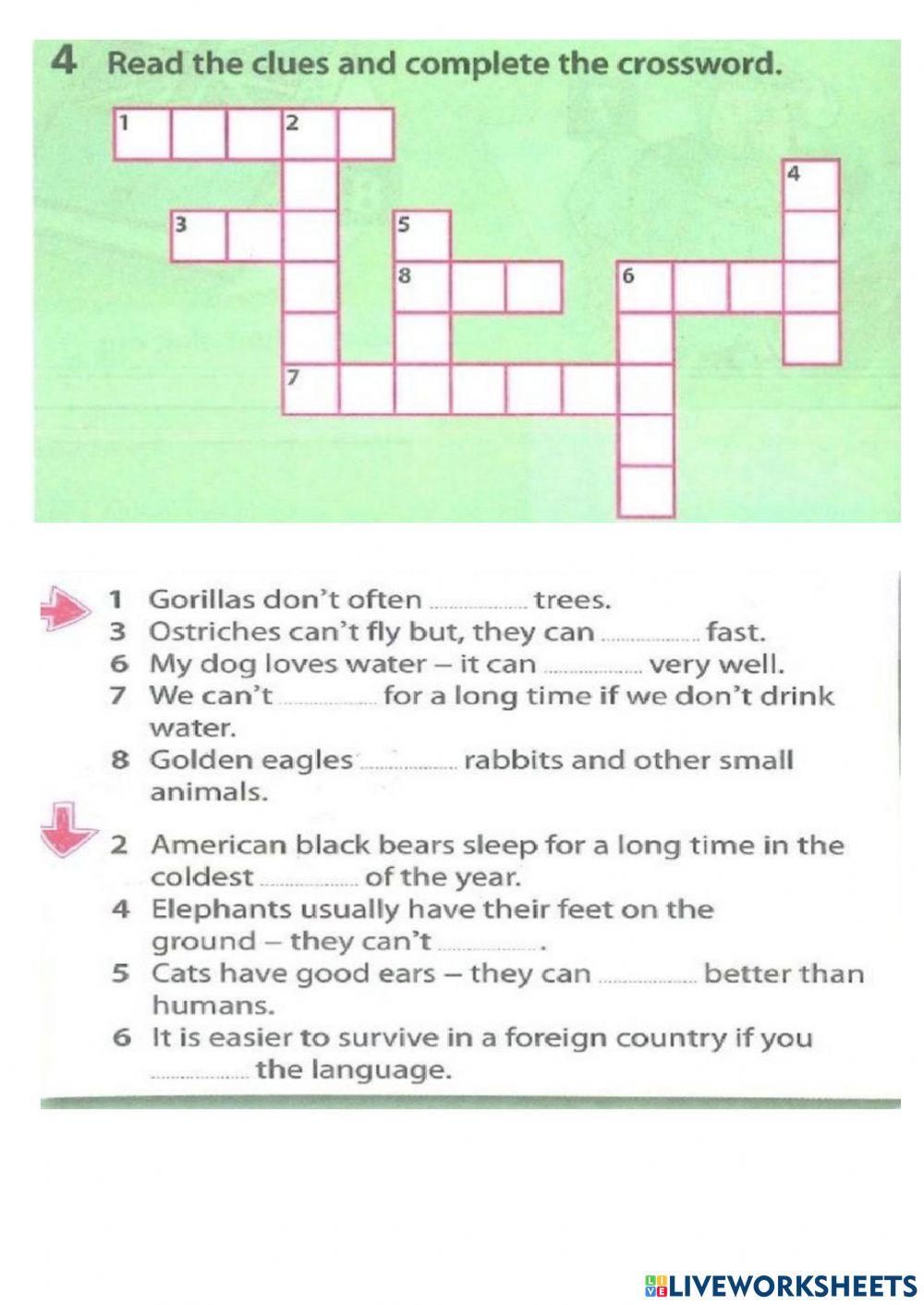 Crossword puzzle animals #39 abilities worksheet Live Worksheets