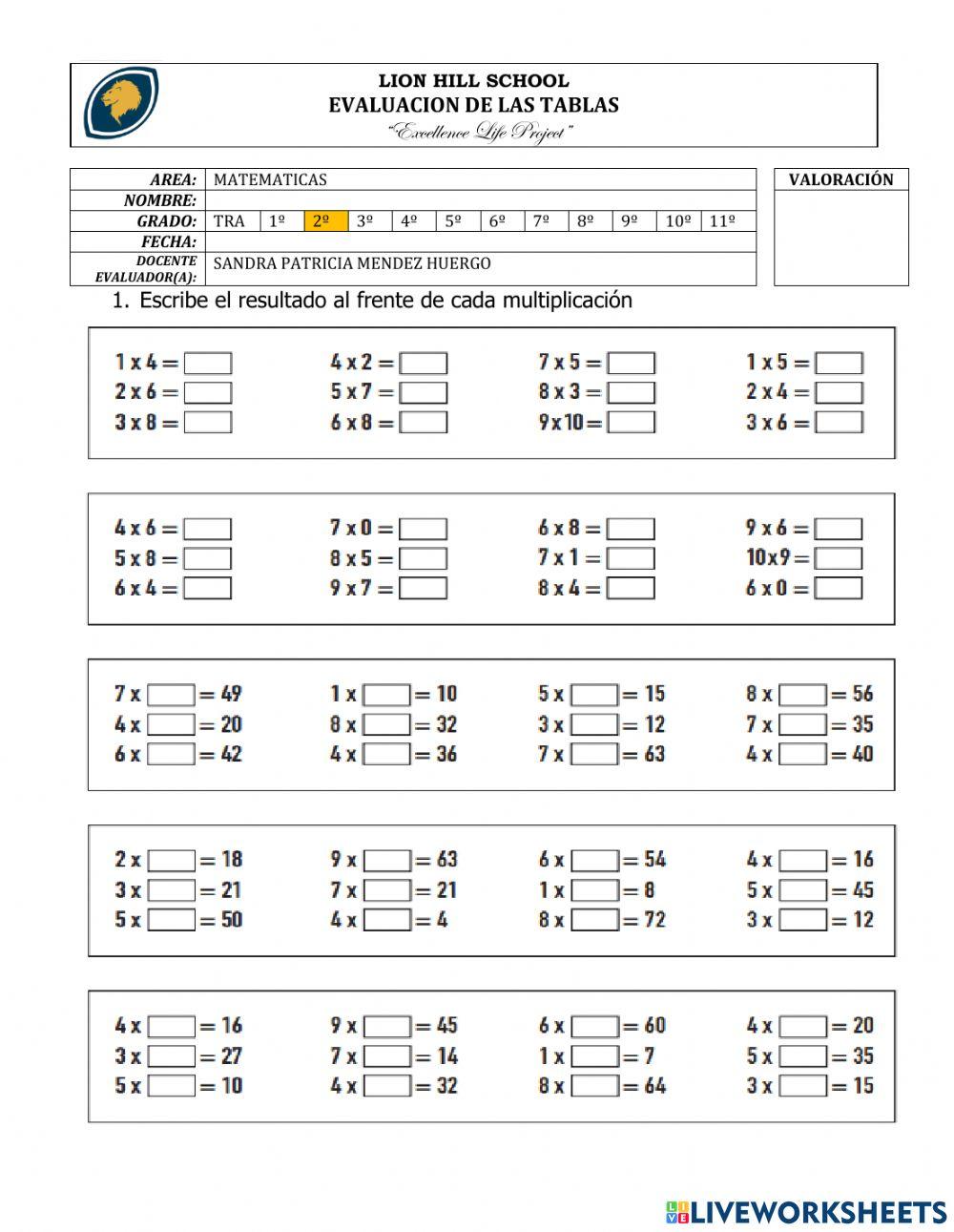 Quiz tablas de multiplicar grado 2 worksheet