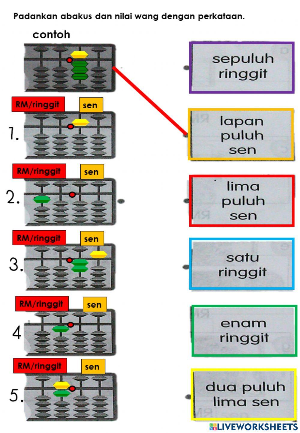 Padankan abakus dan nilai wang dengan perkataan