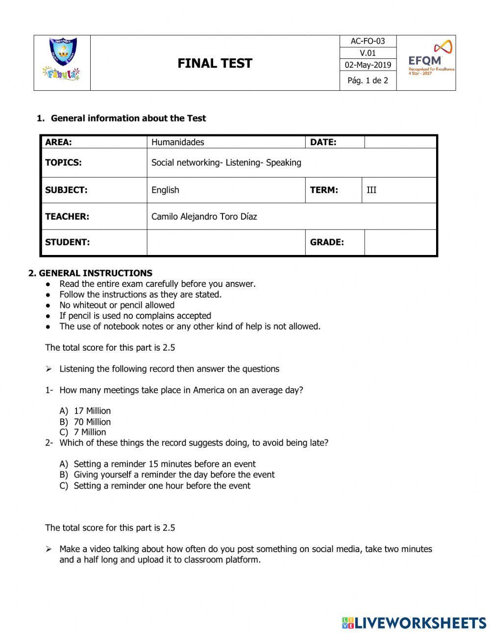 English test online exercise for 8 grade | Live Worksheets