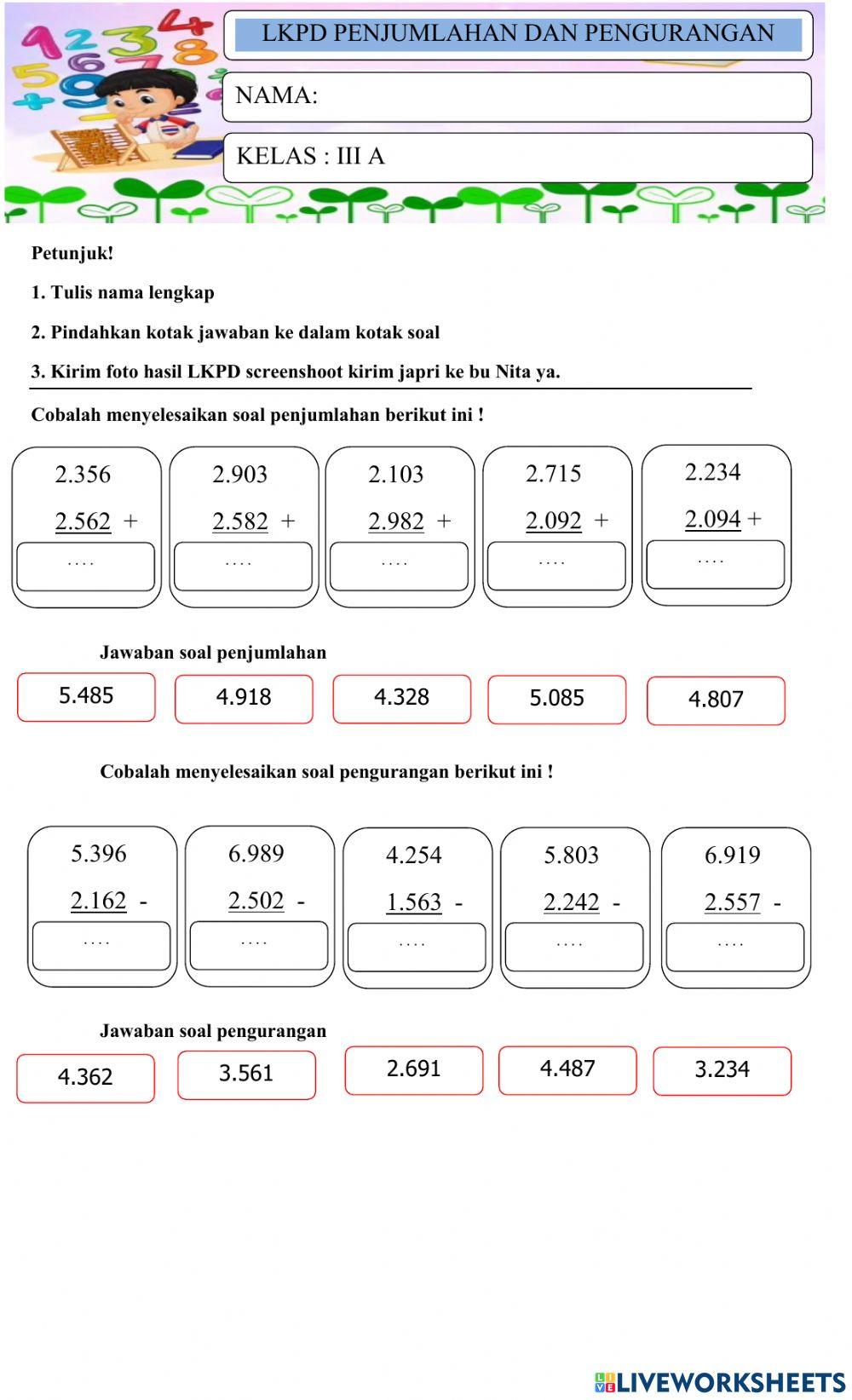 Lkpd kelas 3 penjumlahan dan pengurangan