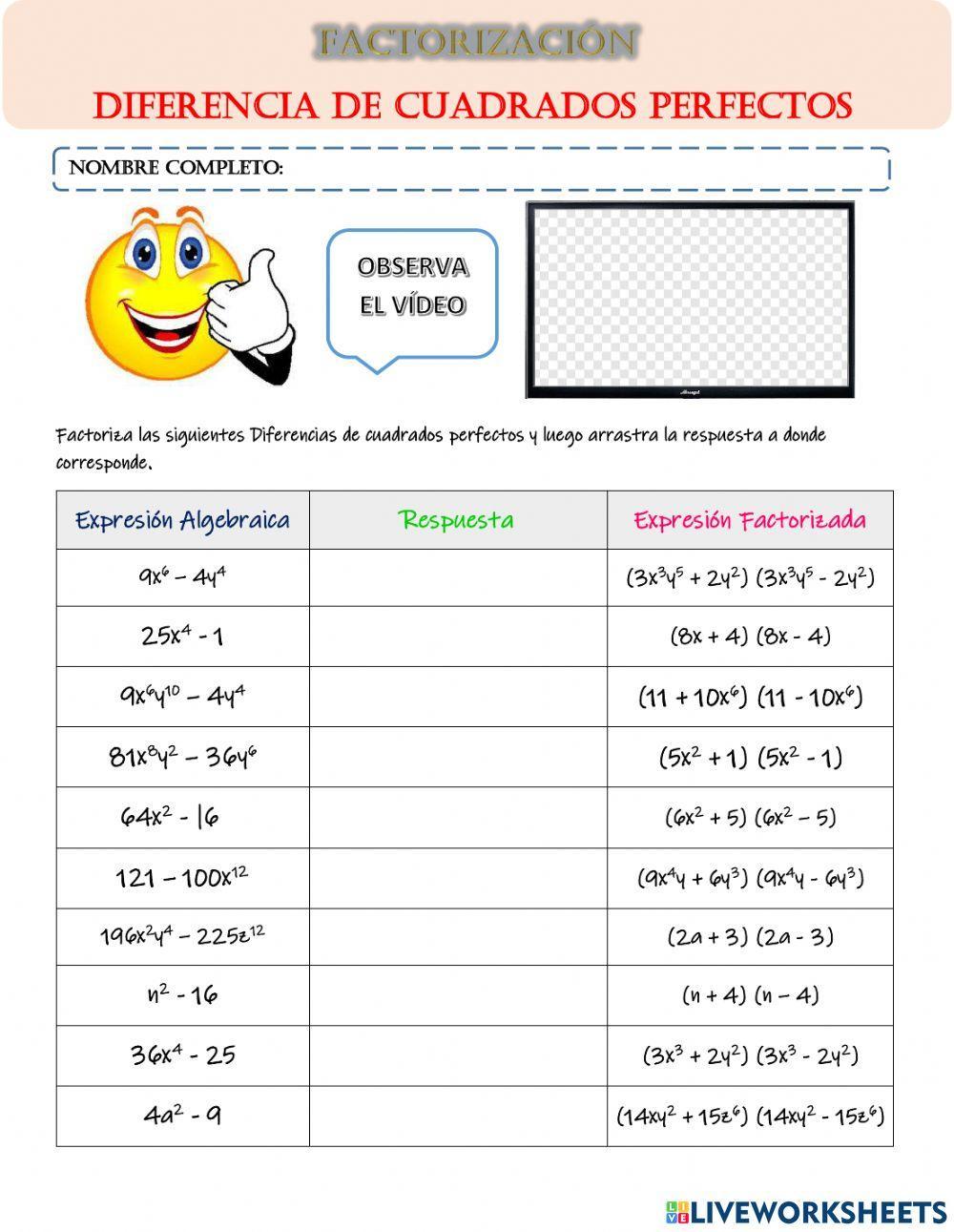 Factorización Diferencia de Cuadrados Perfectos Factorización Diferencia de Cuadrados Perfectos
