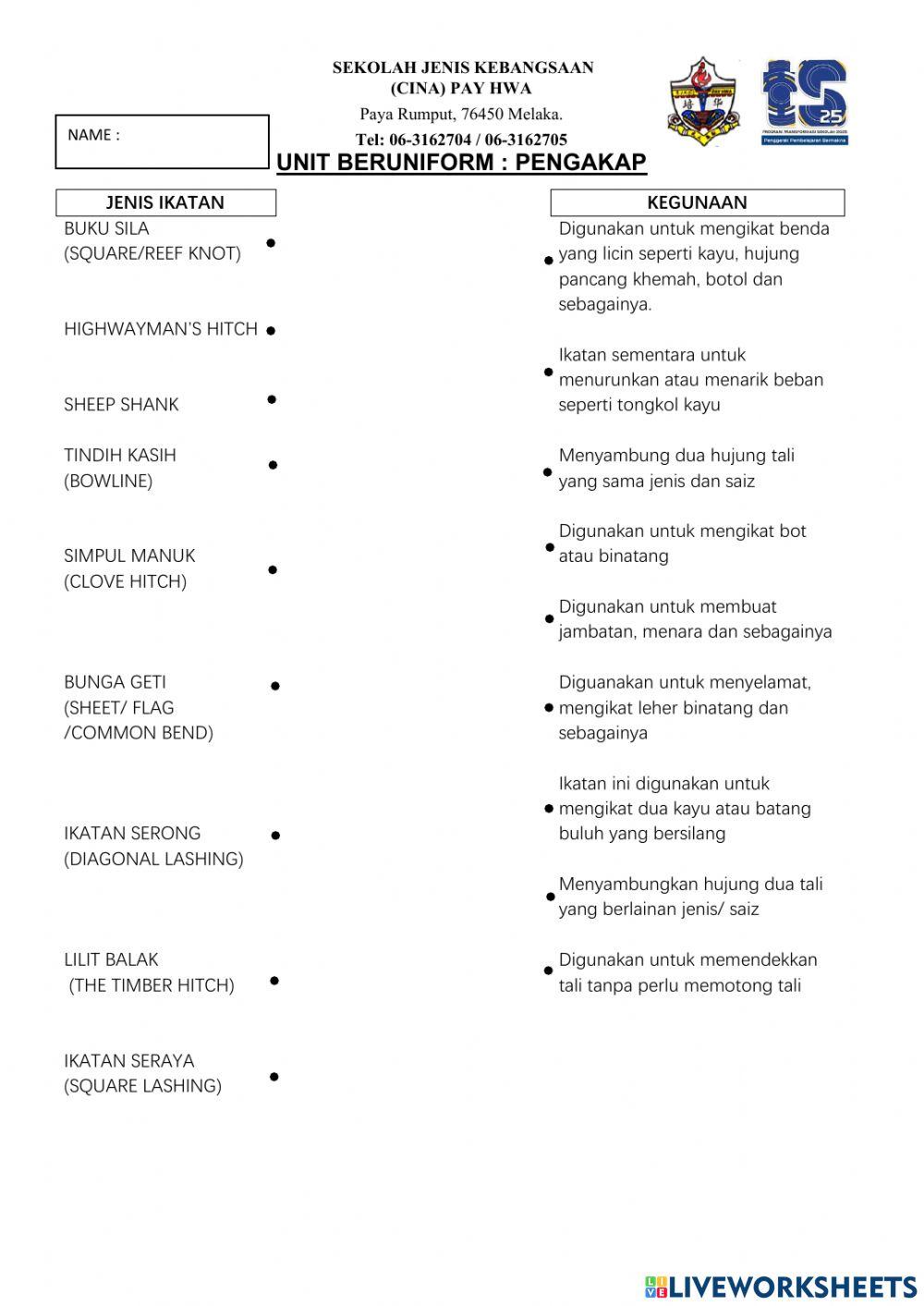 练习单6 kegunaan jenis-jenis ikatan