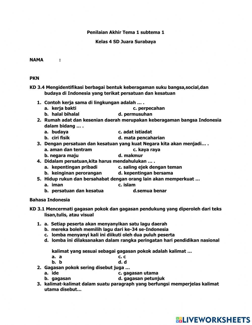 Penilaian akhir tema 1 subtema 1 kelas 4
