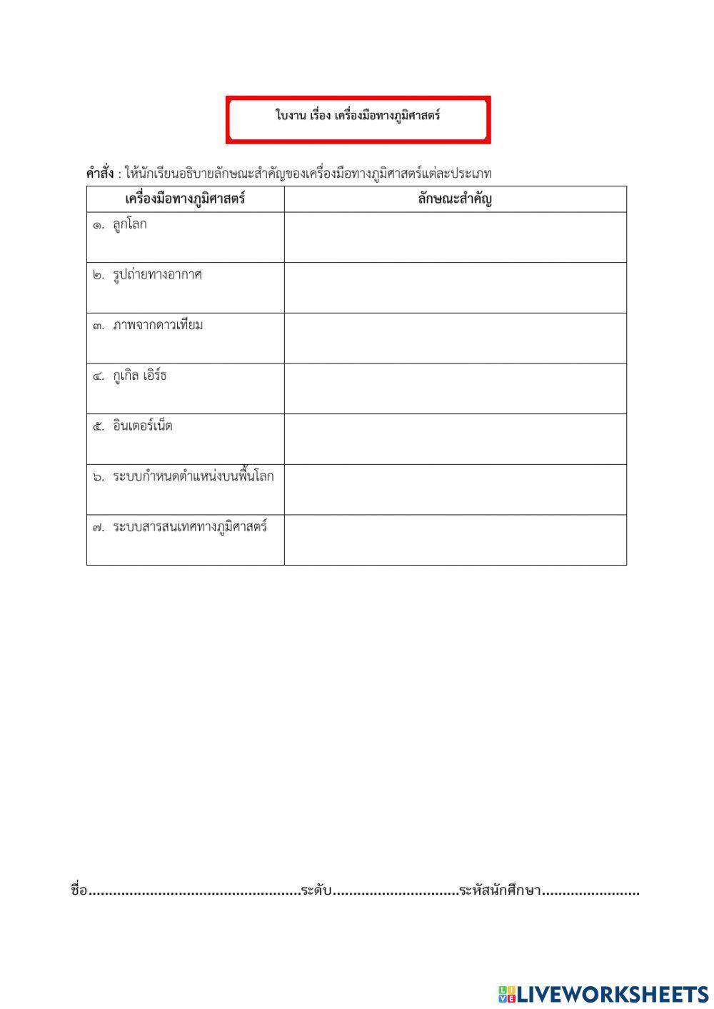 ใบงานเครื่องมือทางภูมิศาสตร์