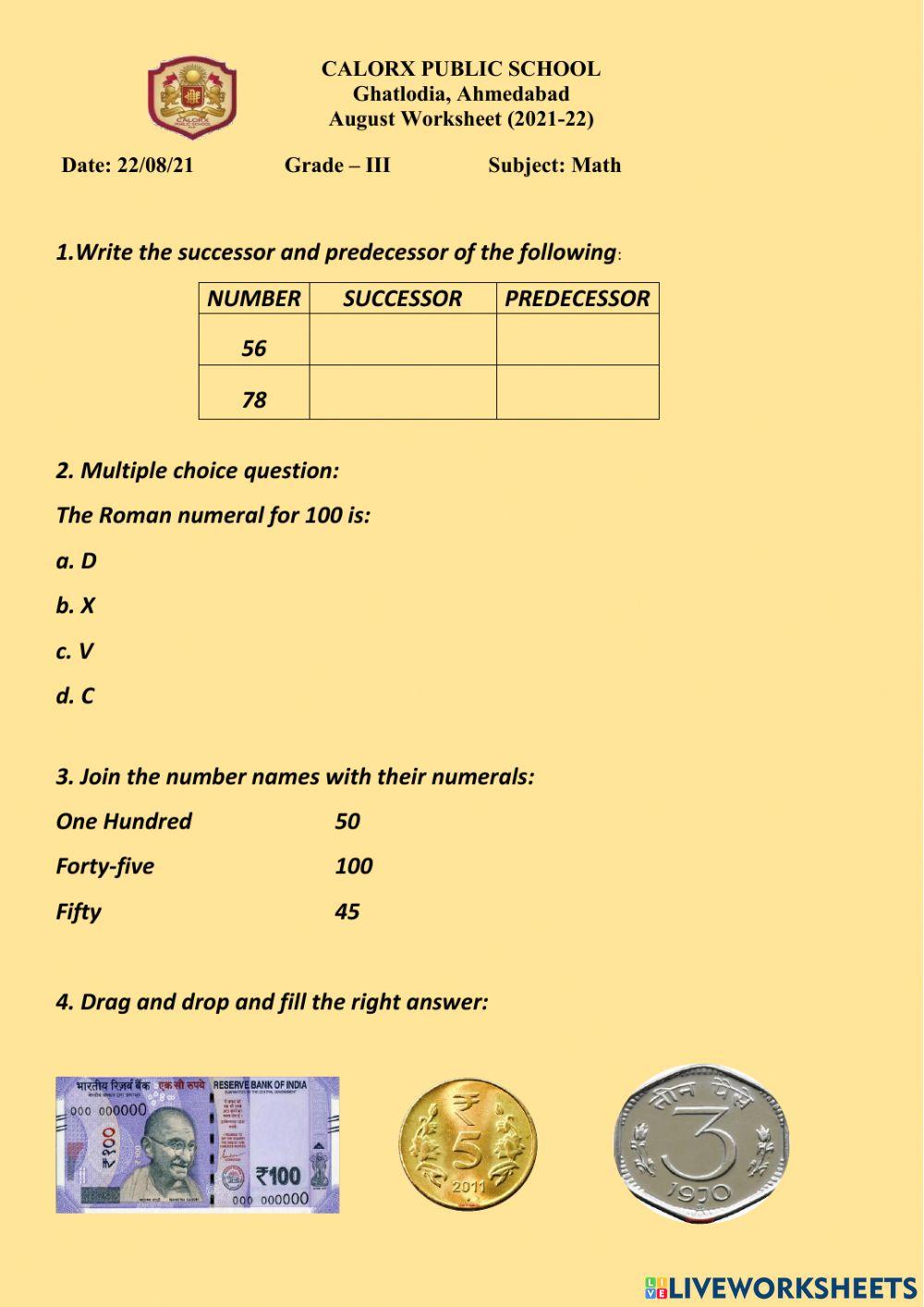 1206011 | Math grade III worksheet | Simerpreet