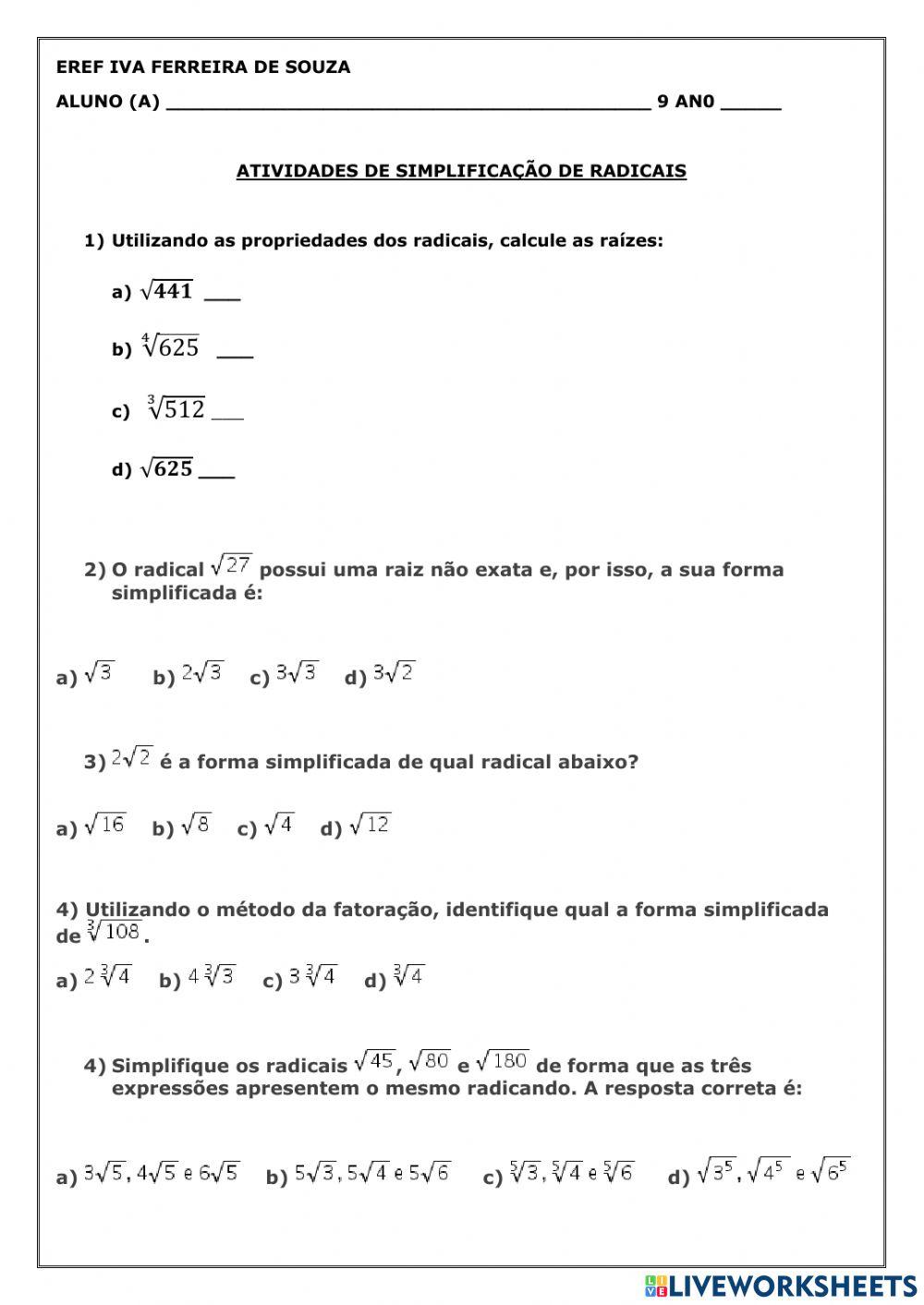 Exercícios sobre simplificação de radicais - Toda Matéria