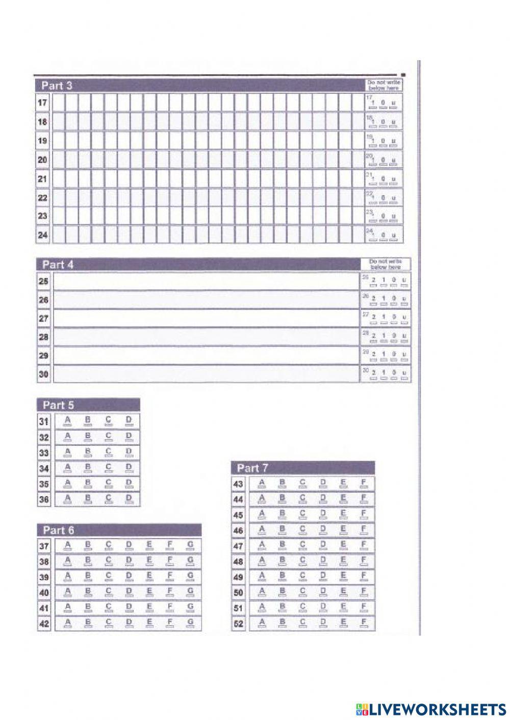 Reading and use of English answer sheet